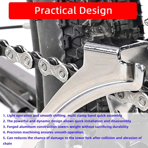 3 Speed Clamp On Front Derailleur For Mountain Bike And Road Bike With Top Or Bottom Pull Beefy Dual Pull Setup visible on bike