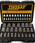 Open 25 Piece Screw Extractor Set With Multispline And Hex Head For Removing Broken Studs Bolts And Screws From One Eighth Inch To Seven Eighths Inch In One Thirty Second Inch Increments A Solid Tools Gift For Handy Men in a black case with labeled slots