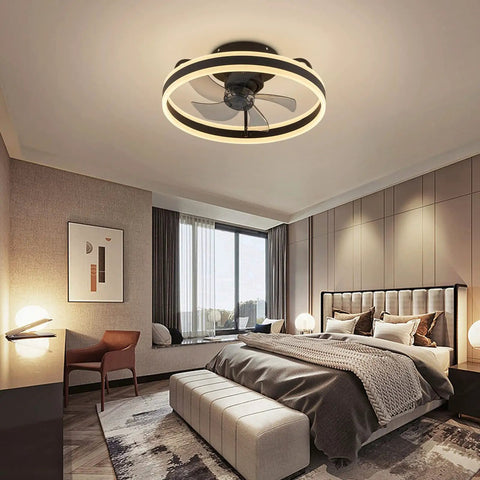 20 Inch Low Profile Ceiling Fan With Lights Dope Modern Flush Mount Dimmable LED Chandelier Glow Black 360 Degree Oscillating With Remote in bedroom