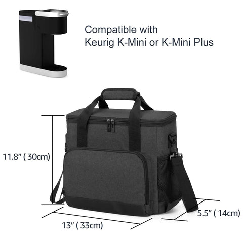 Travel Coffee Maker Carrying Bag For Keurig K Mini And K Mini Plus shown with dimensions and a Keurig machine