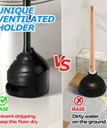 Comparison of Heavy Duty Toilet Plunger With Wall Rack featuring unique ventilated holder versus standard plunger base.