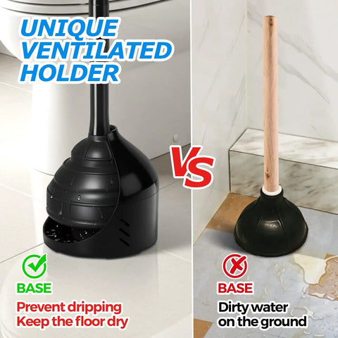 Comparison of Heavy Duty Toilet Plunger With Wall Rack featuring unique ventilated holder versus standard plunger base.