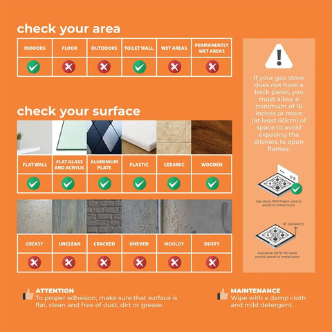 Installation guidelines for Super Easy Peel And Stick Glossy White Subway Tile Stickers with surface and area checks.