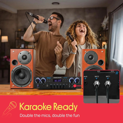 Home Stereo Receiver With Bluetooth 800W Peak Power 4 Channel Amplifier And USB MP3 Player Karaoke Mic Control Echo Reverb And Delay RCA In Out SD Card FM Radio For Party Ready Vibe And Big Home Theater Sound with karaoke setup