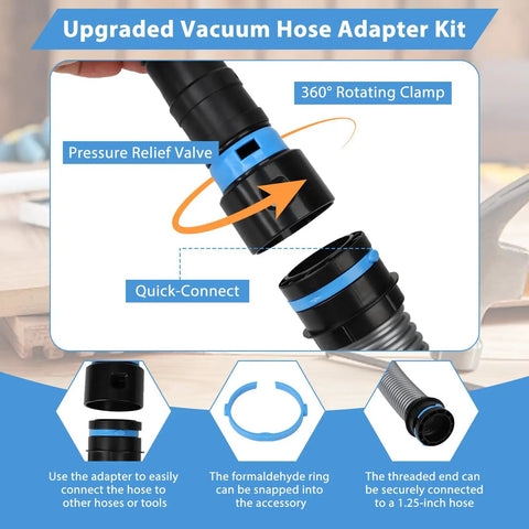 Workhorse 20 Foot Wet Dry Shop Vac Hose With 6 Adapters features pressure relief valve and 360° rotating clamp for easy attachment.