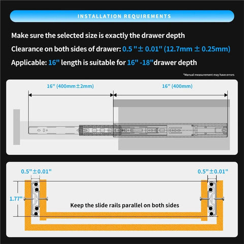 Installation diagram of Heavy Duty 100 Lb Full Extension Drawer Slides Set Two Piece Push To Open 16 Inch