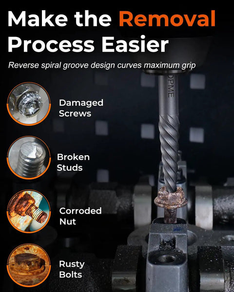 Close-up of 7 Piece Easy Out Screw Extractor Set removing rusty bolt, showing reverse spiral groove design.