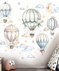 Hot Air Balloon Wall Decals For Nursery And Kids Room Peel And Stick Baby Room Decor That Won't Damage Walls Easy To Remove Safe For Infants Adorable Balloon Stickers Ages 0 To 12 on white wall with clouds and stars