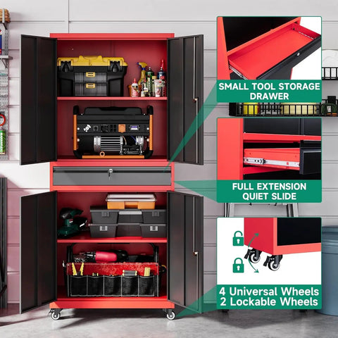Beefy Metal Garage Storage Cabinet On Wheels With Rolling Tool Cabinet Adjustable Shelves And Drawer For Garage Home Office Or Utility Room Red Finish