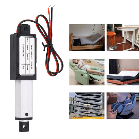 Mini 24V electric linear actuator with black housing and red/black wires; 30 mm stroke.