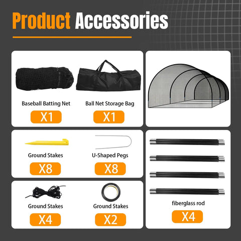 Product accessories for 30 Ft Baseball Training Netting Cage including net, storage bag, ground stakes, pegs, and fiberglass rods.