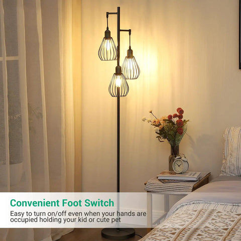 Dope Industrial Tree Floor Lamp With Three Teardrop Cage Heads, Includes Three 4W 3000K LED Edison Bulbs in bedroom setting