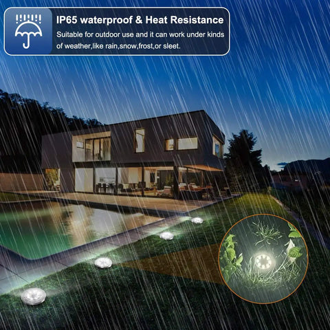 8 Pack Solar Ground Lights With 8 LED Upgraded Outdoor Garden Landscape Lighting illuminating a pathway in rainy weather
