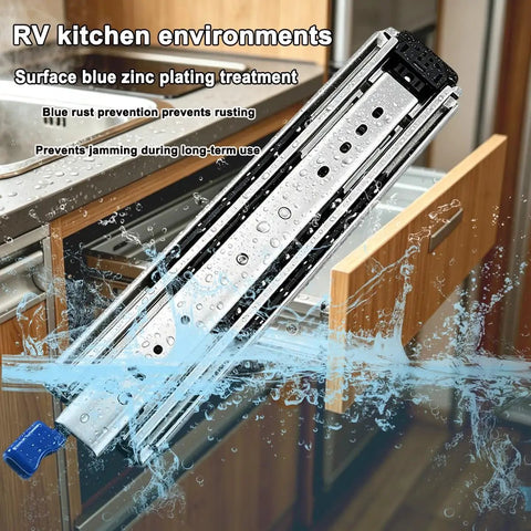 Heavy Duty 500 Lb Side Mount Drawer Slides For Industrial Cabinets With Locking Mechanism, 76mm Wide, Pair Included, Non Detachable Design, 0.77 Inch Clearance On Each Side For Smooth, Solid Drawer Operation. side view in RV kitchen