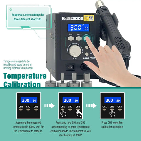 Hand adjusting Pro Grade 700W Hot Rework Station With Four Nozzle Heat Gun Auto Sleep Function, showing temperature calibration.