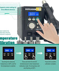 Powerful 700W Soldering Station with LCD and hot air gun, showing temperature calibration process with nozzle holders.