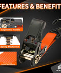 Heavy Duty Ratchet Tie Down Straps 4 Pack One Inch By Fifteen Feet With Rubber Grip Buckles And Soft Loop Hooks showing ergonomic handle and spring mechanism.