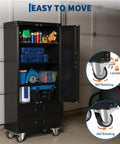 71.7 Inch Metal Storage Cabinet Built Tough With Locking Doors, Two Drawers, Adjustable Shelves, And Mobile Wheels, Black Finish