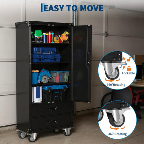 71.7 Inch Metal Storage Cabinet Built Tough With Locking Doors, Two Drawers, Adjustable Shelves, And Mobile Wheels, Black Finish