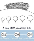 Pro Grade Ring Sizer Tool Kit With Magnified Glass, 27 Piece Premium Steel Ring Measurement Set, sizes 0 to 13 shown