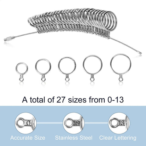Pro Grade Ring Sizer Tool Kit With Magnified Glass, 27 Piece Premium Steel Ring Measurement Set, sizes 0 to 13 shown