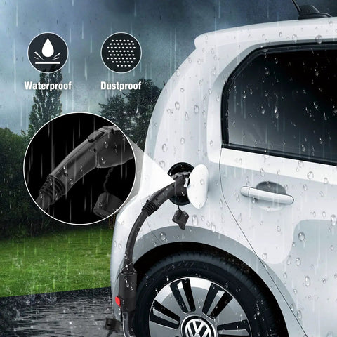 Hella Durable Tesla Nacs To J One Seven Two Adapter Sixty Amp Electric Vehicle Charging Plug Convertor being used in rain.
