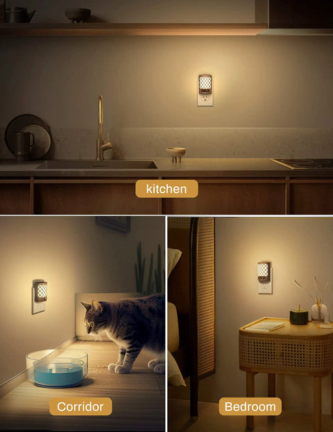 2 Pack Plug In Night Light With Dusk To Dawn Sensor Adjustable Brightness Soft White Glow for kitchen, corridor, and bedroom