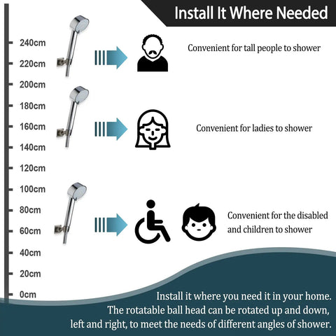 Diagram showing adjustable heights for All Metal Brass Handheld Shower Wand Bracket with Adhesive Wall Mount Black Finish Rust Proof 360 Degree Rotation Drill Free Glue Installation Heavy Duty Shower Head Holder For Bathroom.