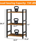 Three Tier Narrow Bookshelf With Heavy Duty Steel Frame Rustic Brown Bookcase Storage Organizer For Living Room Home Office Display Rack, 26.3H inches.