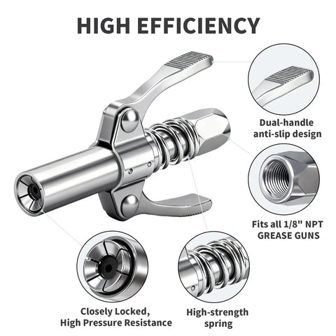 Amazon grease gun coupler with dual-lock-on handles, chrome-plated, 1/8 NPT, fits standard and metric zerk fittings