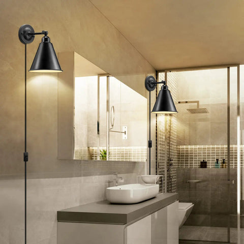 Bathroom view with Plug In Black Metal Swing Arm Wall Sconce 2 Pack Industrial Vintage Style Wall Lamp Fixture With On Off Switch