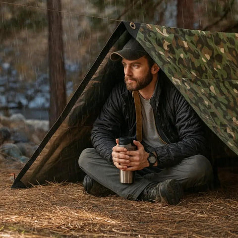 Person sitting under Rugged Survival Tarp With Insulated Reflective Mylar Layer For All Weather Camping, woodland camo