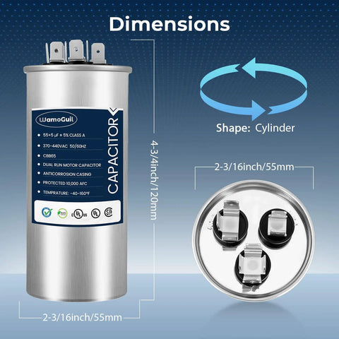 Dual Run Start Capacitor 55/5 Uf MFD 370/440VAC showing size and cylindrical design, ideal for AC and fan motor start