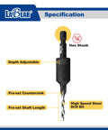 Number Eight Countersink Drill Bit Set With Replaceable HSS Drill featuring a 1/4 inch hex shank and depth adjustable feature.
