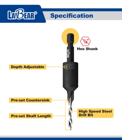 Number Eight Countersink Drill Bit Set With Replaceable HSS Drill featuring a 1/4 inch hex shank and depth adjustable feature.