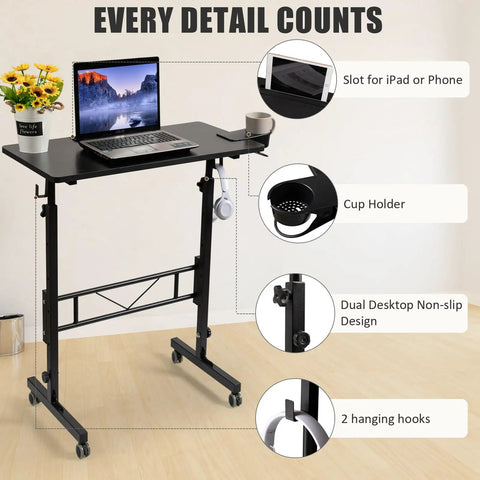 Rollin Standing Desk With Adjustable Height On Wheels For Treadmill Sessions Portable Sit Or Stand Computer Table With Slots and Holders