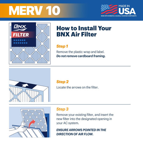 MERV 10 20x20x1 Pleated Air Filter Six Pack For AC Furnace And HVAC Systems Made In USA installation guide.