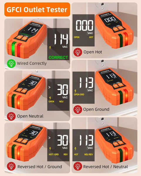 One Stop Electrical Tester Kit With Circuit Breaker Finder GFCI Outlet Tester And Digital LCD Display showing various test results
