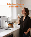 Heavy Duty 20 Bar Espresso Machine Boasts Pro Steam Frother And Brushed Stainless Body Includes 40 Oz Quick Fill Tank For Seriously Smooth Weekend Brewing Sessions with woman enjoying espresso