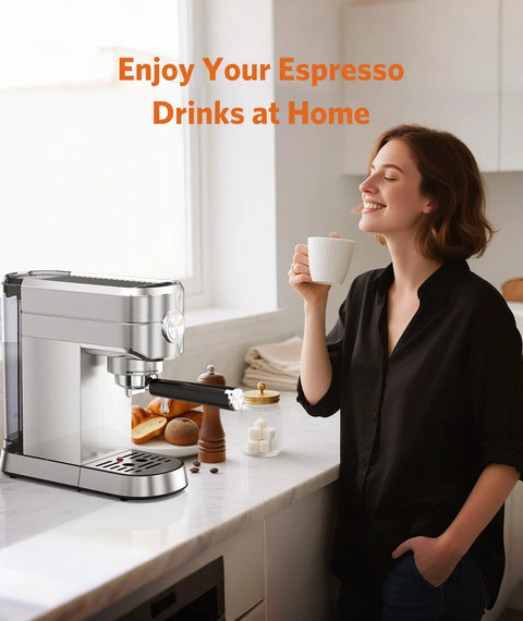 Heavy Duty 20 Bar Espresso Machine Boasts Pro Steam Frother And Brushed Stainless Body Includes 40 Oz Quick Fill Tank For Seriously Smooth Weekend Brewing Sessions with woman enjoying espresso