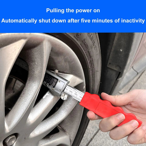 Disc Brake Rotor Micrometer Digital Caliper Measuring Tool For Disc Brake 6 Inch 150mm being used on car wheel