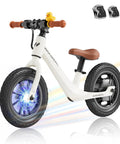Electric Balance Bike for Kids Ages 3 to 5, 150W Motor, 3 Safe Speed Modes 4MPH 8MPH 11MPH, Easy Start System, Kid Friendly Ride On with Knee, Wrist and Elbow Pads, Perfect Toddler Starter Bike, white balance bike with LED front wheel and brown seat