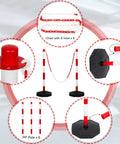 Nine Pack Traffic Delineator Cones With Base Set Red Plastic Safety Cones For Parking Lot Use Includes Six Point Six Feet Link Chain And S Hooks Stanchion Style Barriers For Easy Area Demarcation image showing cone details and assembly