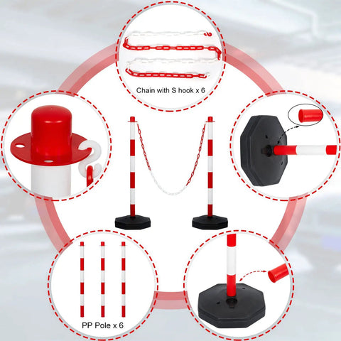 Nine Pack Traffic Delineator Cones With Base Set Red Plastic Safety Cones For Parking Lot Use Includes Six Point Six Feet Link Chain And S Hooks Stanchion Style Barriers For Easy Area Demarcation image showing cone details and assembly