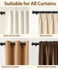 Adjustable Black Curtain Rod From 32 To 144 Inches Heavy Duty 1 Inch Curtain Rods For Windows Great For Bedroom And Living Room Modern Design Easy Installation With Secure Brackets displaying compatibility with back tab, ring, grommet, and rod pocket curtains.
