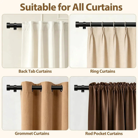 Adjustable Black Curtain Rod From 32 To 144 Inches Heavy Duty 1 Inch Curtain Rods For Windows Great For Bedroom And Living Room Modern Design Easy Installation With Secure Brackets displaying compatibility with back tab, ring, grommet, and rod pocket curtains.