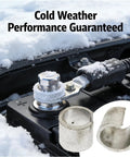 Two Pairs Pure Lead Battery Post Shims For Positive And Negative Terminals Terminal Sleeves Universal Adapter shown on car battery in snow