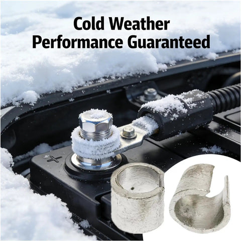 Two Pairs Pure Lead Battery Post Shims For Positive And Negative Terminals Terminal Sleeves Universal Adapter shown on car battery in snow