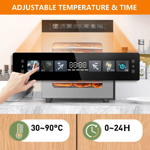 Close-up view of The Real Deal Electric Food Dehydrator Featuring Tough Stainless Steel Frame And Clear Glass Door with touch controls.