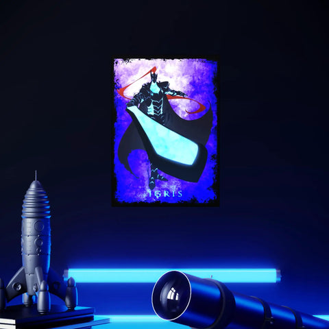 Solo Leveling Igris Shadows and Monsters Metal Wall Art Magnet Mounted Premium Poster on dark wall next to futuristic decor.